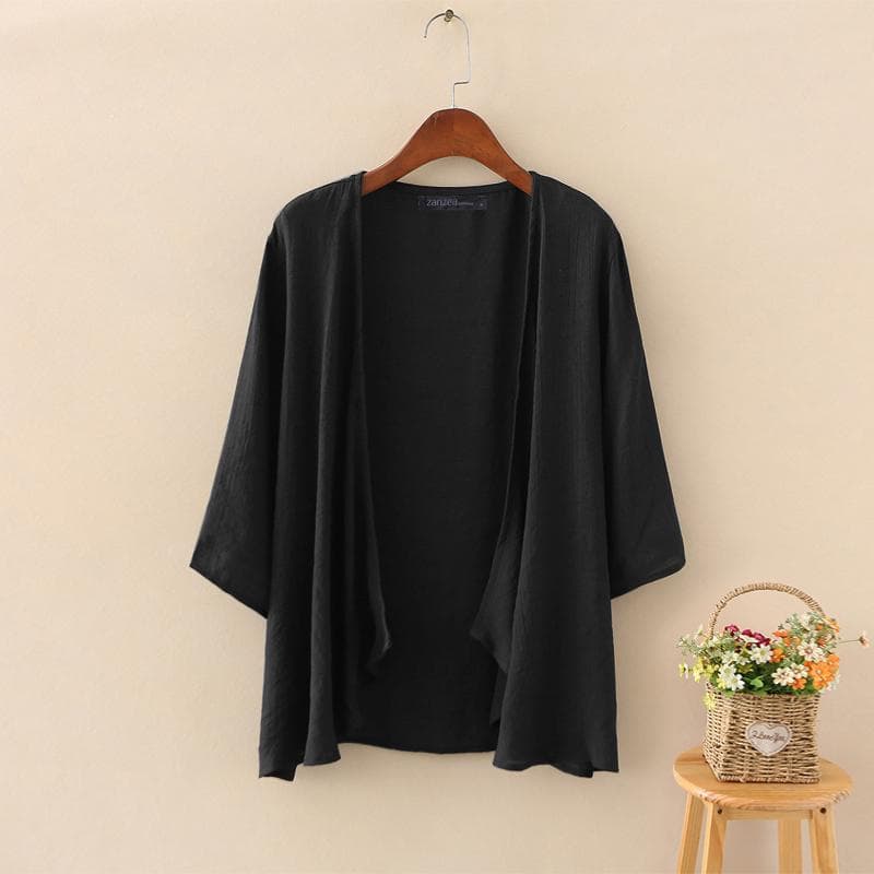 ZANZEA Women's Summer Casual Cardigan Tops Solid Color Loose 3/4 Sleeve Thin Beachwear Cover Ups Blouse Tops M black