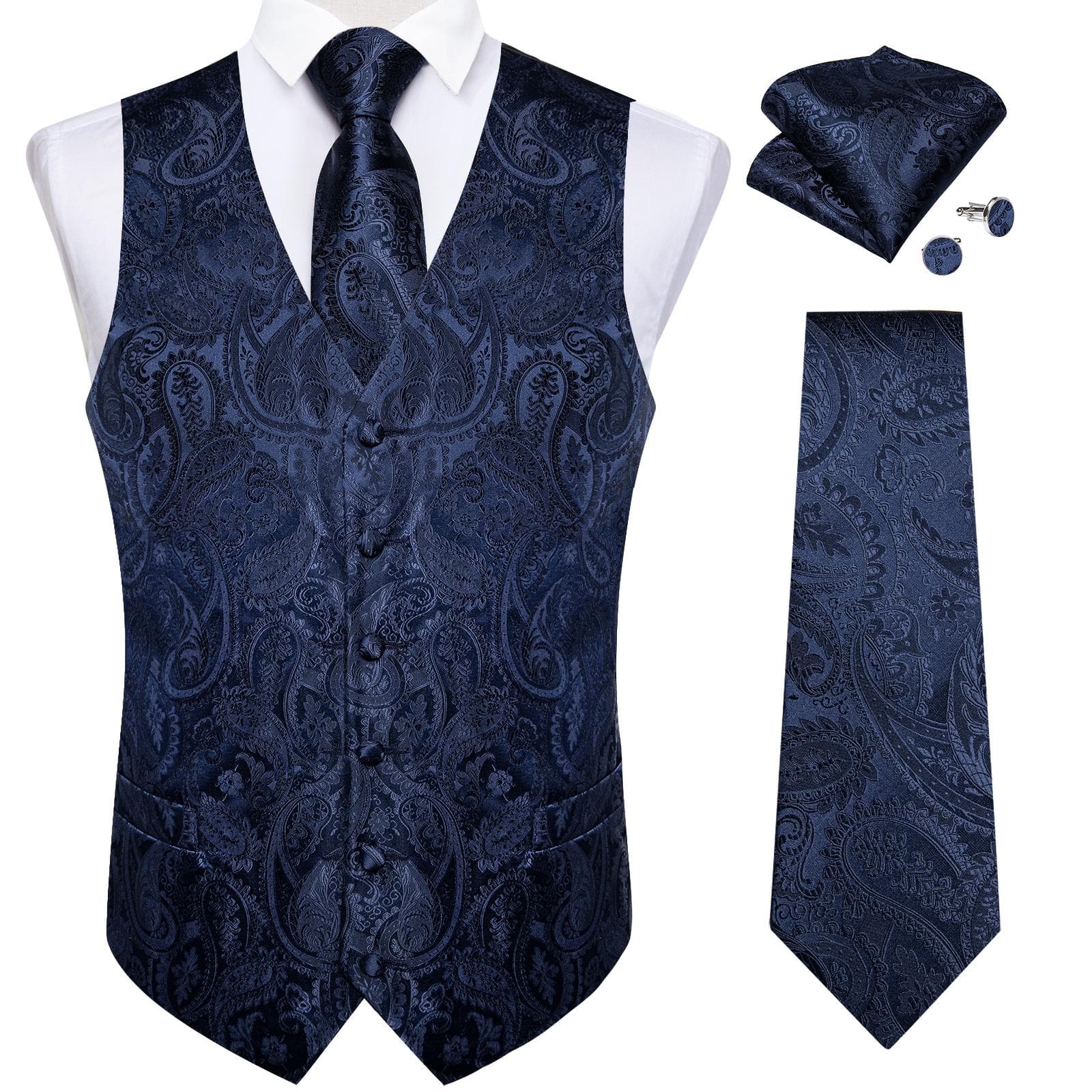 Dibangu Mens Yellow Paisley Vest Suit Waistcoat Hanky Cufflinks Tie Set Wedding XL