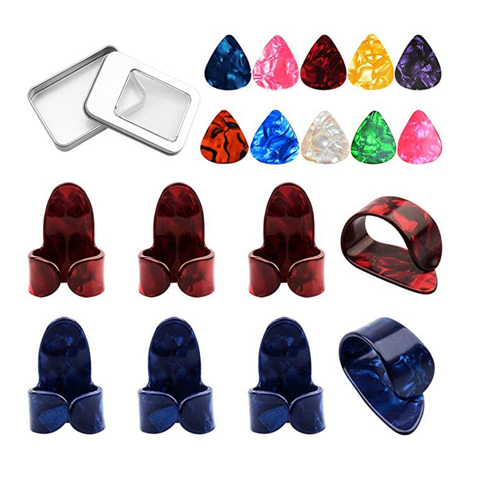 Guitar Picks Kit 10pcs Celluloid Picks + 6pcs Finger Picks + 2 Thumb Picks + Storage Box Guitar multicolour