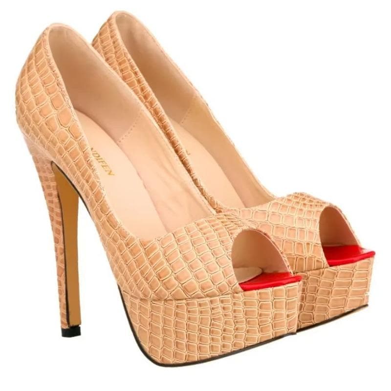 Women Sexy Pumps Shoes Peep Toe Platform High Heels New 14cm Crocodile Pattern Shallow Party Dress Work Ladies Red Wedding Shoes 37 nude
