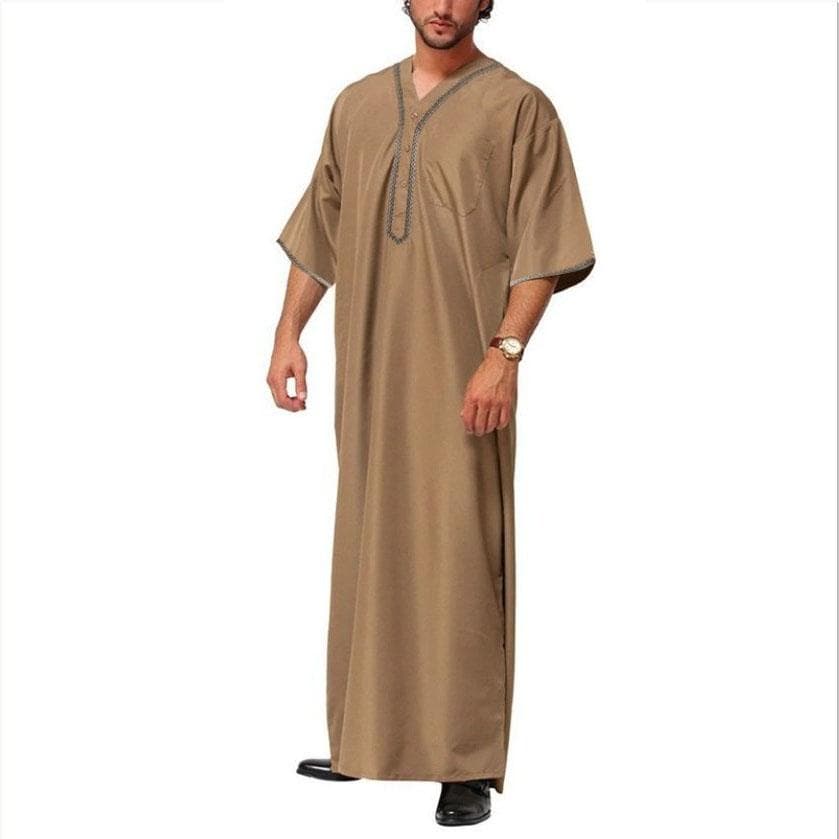 Men Muslim Islamic Kaftan Arab Vintage Middle Sleeve Thobe Robe Loose Dubai Saudi long top S