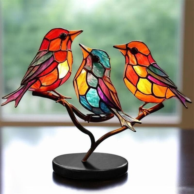 Acrylic Birds Decorative Ornaments on Branch Ornaments Bird Group Seriesf or Home Office Decorations 5styles Three birds-A multicolour