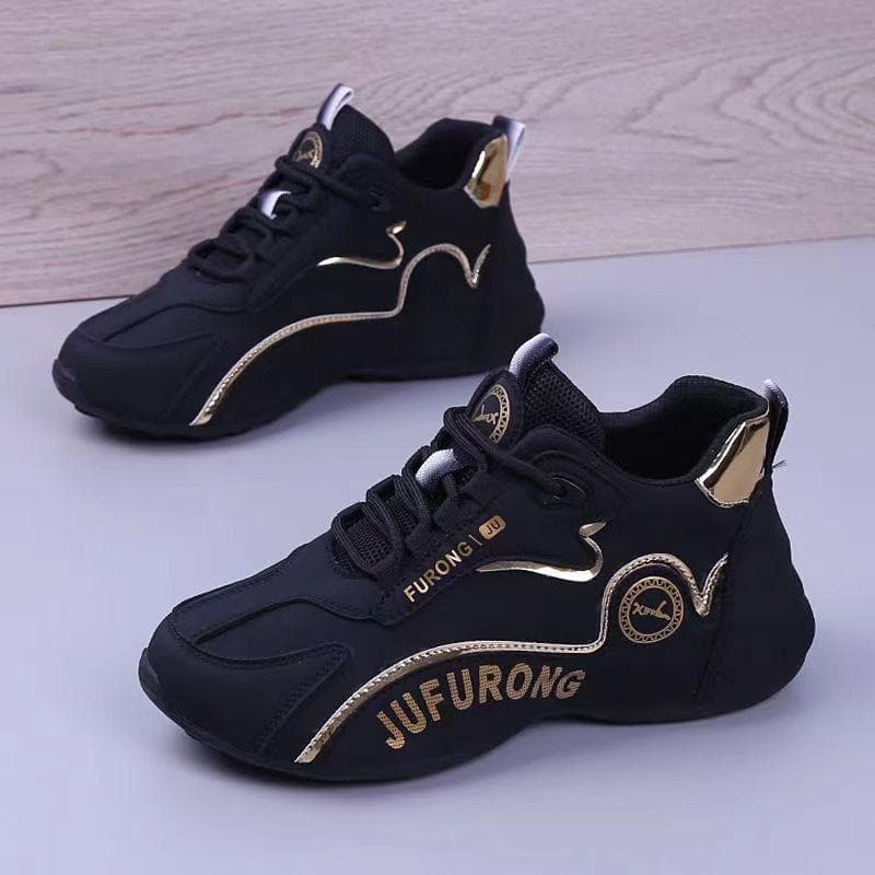 Sneakers men's shoes 2024 popular dad shoes trendy couple casual leather surface versatile non-slip soft sole fashion shoes 44 black