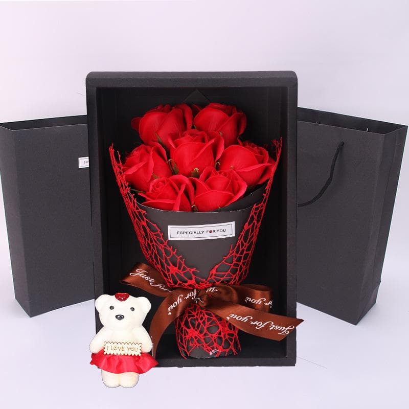 7 Heads Artificial Rose Bouquet Little Bear Gift Box Handmade False Flower Bouquet Mother's Day Birthday Party Gifts Home Decor red