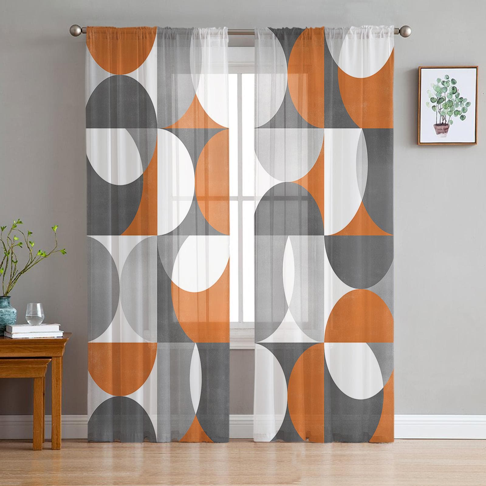 Nordic Retro Medieval Geometric Abstract Voile Sheer Curtains Living Room Window Tulle Curtain Kitchen Bedroom Drapes Home Decor 135W x 183H(cm)