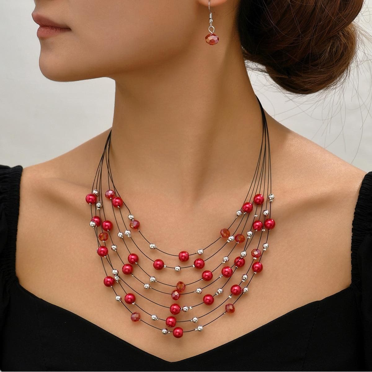 Bohemia Pearl Crystal Beads Necklace Earring for Women Jewelry Set Fashion Multilayer Cord Boho Choker Colar Vintage Accessories red