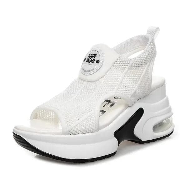 Fashion Retro Black Mesh Platform Sandals Korean Peep Toe Hollow Wedges Heighten Shoes 8cm Summer New Non-Slip Air Cushion Tennis Shoes 37 white
