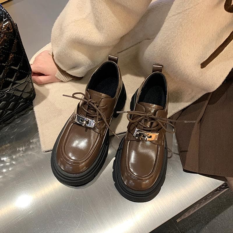 Leather Platform Small Leather Shoes Spring and Summer New Single Shoes Casual Versatile Lace-up Loafers Women's Inner Heightened Lock Vintage 40