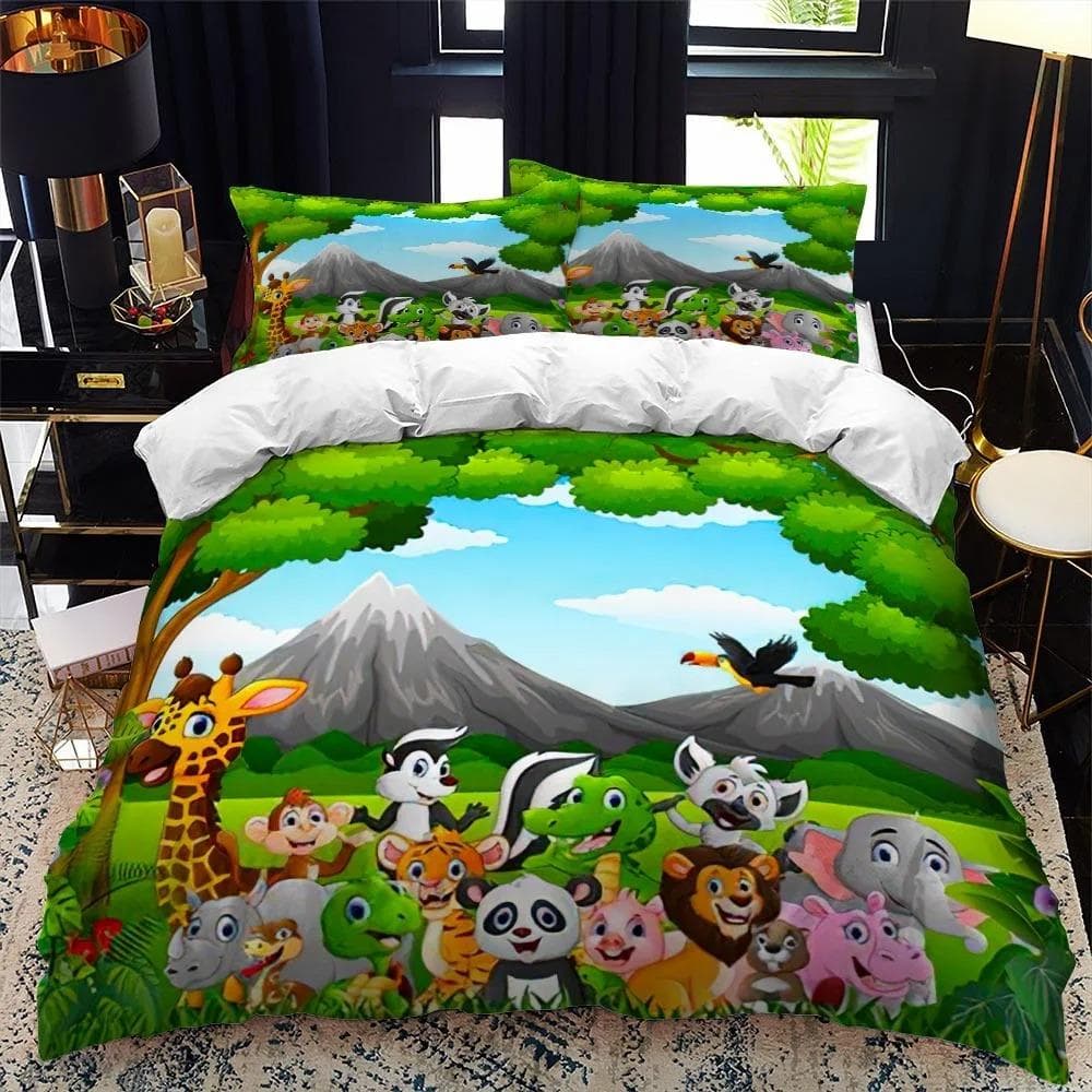 Cartoon Zoo Animal Bedding Set Boys Girls Twin Queen Size Duvet Cover Pillowcase Bed Kids Adult Fashion Home Textileextile US Full 200x230cm