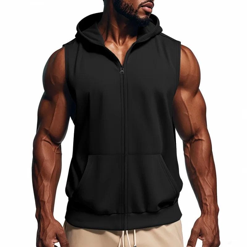 Men's Summer Hooded Zipper Vest Casual Fitness Tank Top Trendy Open Cardigan Sports Vests L black