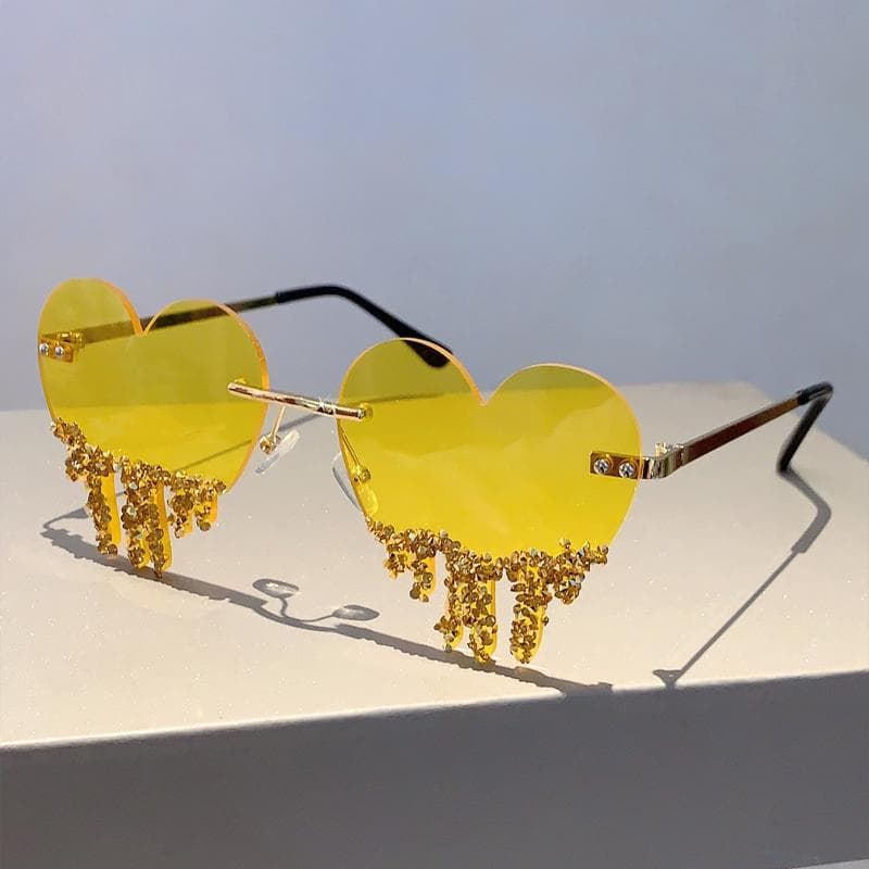 KAMMPT Heart Shaped Sunglasses with Rhinestones Women Fashion Rimless Rave Shades Trendy Original Design Sun Glasses without case