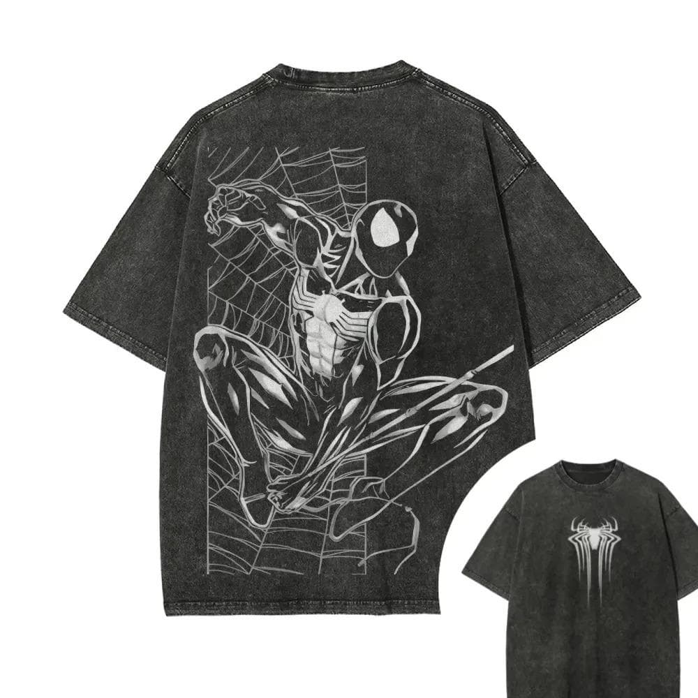 Spider Man Printed Short Sleeved T-shirt For Autumn Casual Men's Streetwear Retro Distressed Washed Oversized Harajuku Cotton Material M