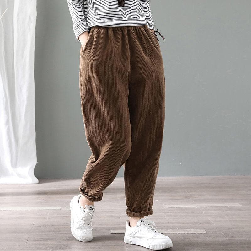 Women Pants Elastic Waist Corduroy Harem Pant Loose Solid Pockets Oversize Streetwear Trousers XXXL coffee