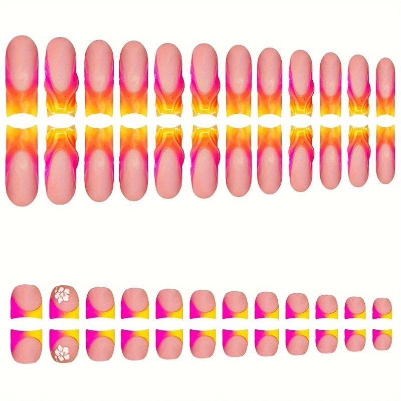 48pcs Square Nail Toenail Stickers Fake Nails, Orange French Manicure, Minimalist Style Glossy Full Coverage For Women Girls Daily Wear Nail Supplies 48pcs
