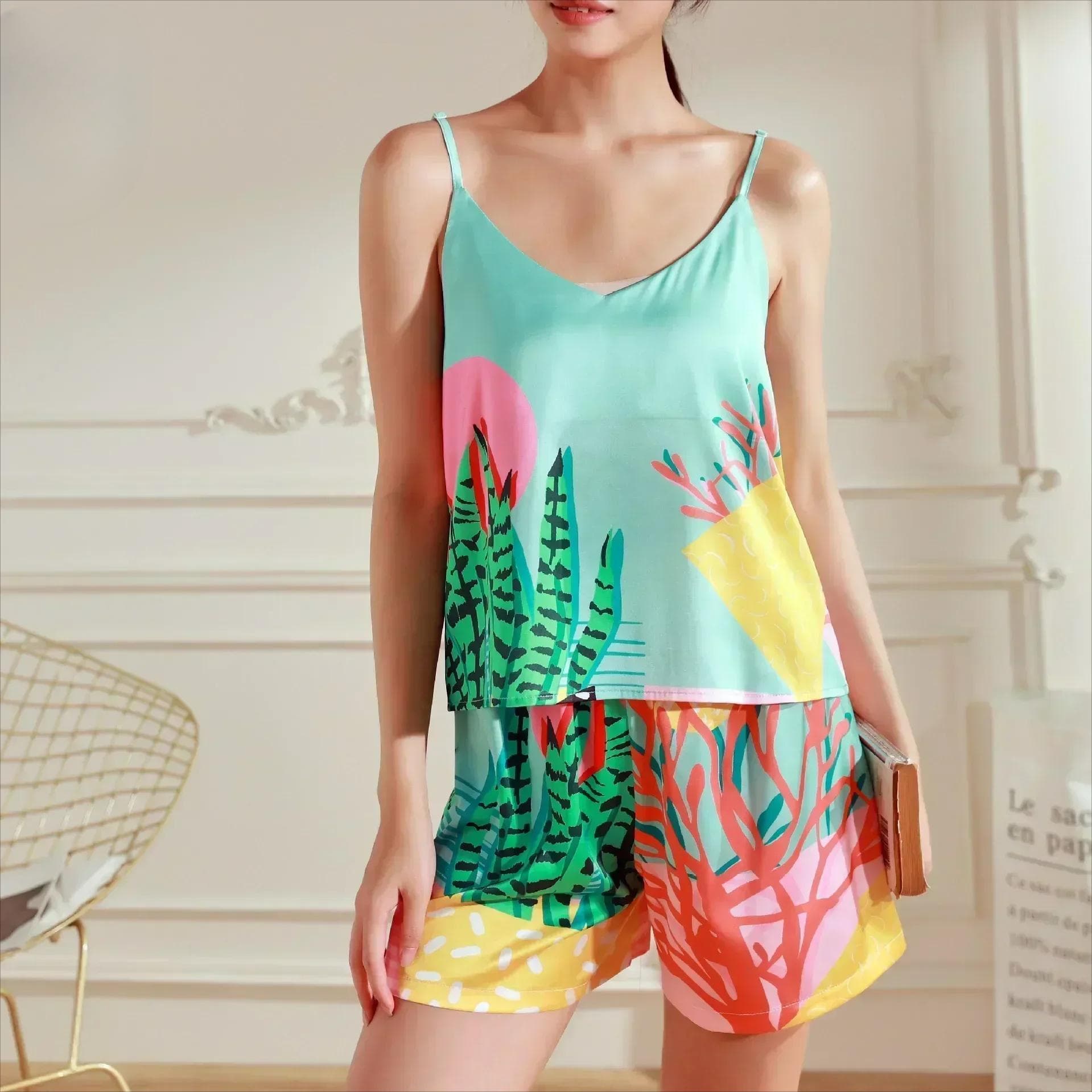 Pajamas for Women Cartoon Printed Ice Silk Thin Suit Short-sleeved Shorts Home Wear Outer Wear XXXL