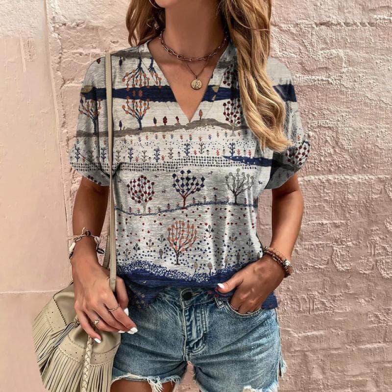 Retro Women's T-Shirt Summer V-Neck Short Sleeve Tee Casual Harajuku Stripe Print T Shirt for Women Streetwear Pullover Tops New 2XL