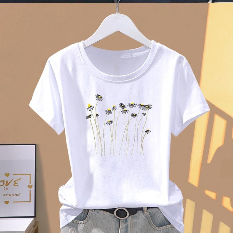 (Asian Size) Fashion Print Graphic Tee Female Watercolor Flower 90s Cute Casual T Clothing Casual Women's Summer Top Short Sleeve T-shirt S