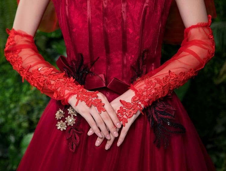 New Long Lace Gloves Gothic Lolita Solid Thin Gloves JK Girls Mittens Oversleeve Women Fashion Sun Block Cuff Fingerless Glove red