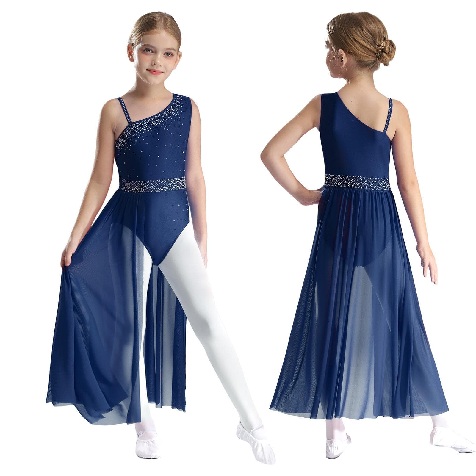 Kids Girls Ballet Lyrical Dance Dress Gymnastics Leotard with Skirt Sheer Mesh Figure Skating Modern Contemporary Dance Costume 9-10 Years navy blue