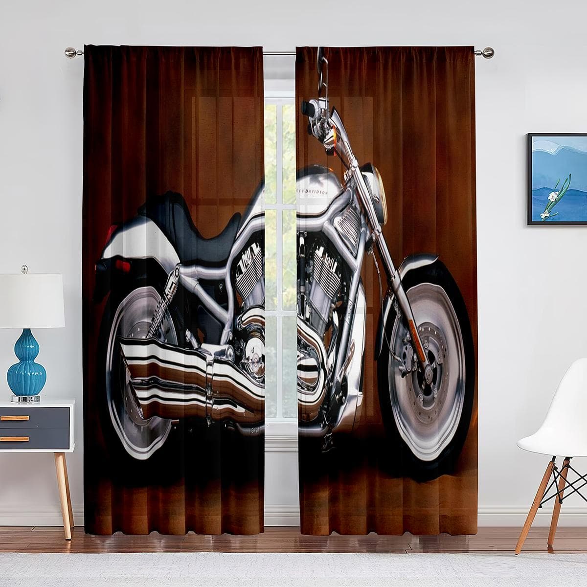 Motorcycle with Cool Lights Black Tulle Curtains for Living Room Boys Men Bedroom Decor Modern Sheer Voile Curtain Window Drapes 1 PCS W100XH250cm&Grommet Top