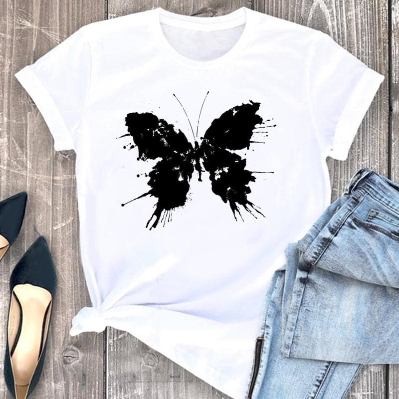 Women's Print Tee Top Summer Fashion Tshirt Love Heart Butterfly Sweet Trend Woman Female T Clothing Short Sleeve Graphic T-shirts 3XL
