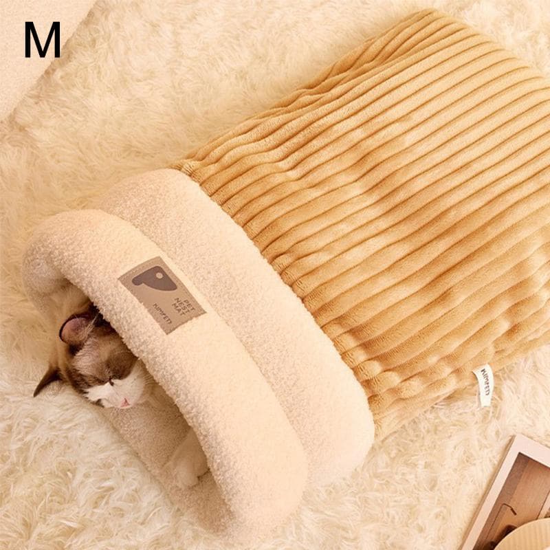 Pet Sleeping Bag Winter Warm Soft Plush Semi Enclosed Cat Nest Sleeping Bag Home Cat and Dog Comfortable Bed Accessories brown