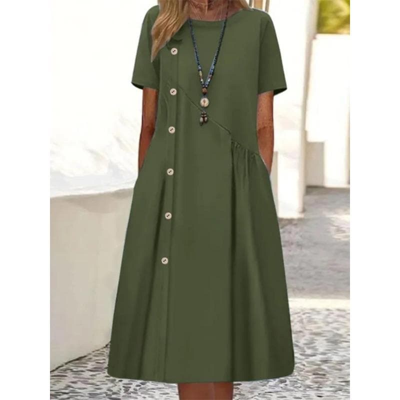Women's Dress, Casual Button Decoration, Folded Pocket, Mid-length Dress XL army green