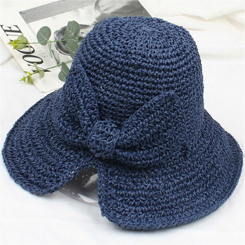 Small Straw Hat Summer Sunscreen Beach Hat Bow Fisherman Hat Ladies Foldable Visor navy blue
