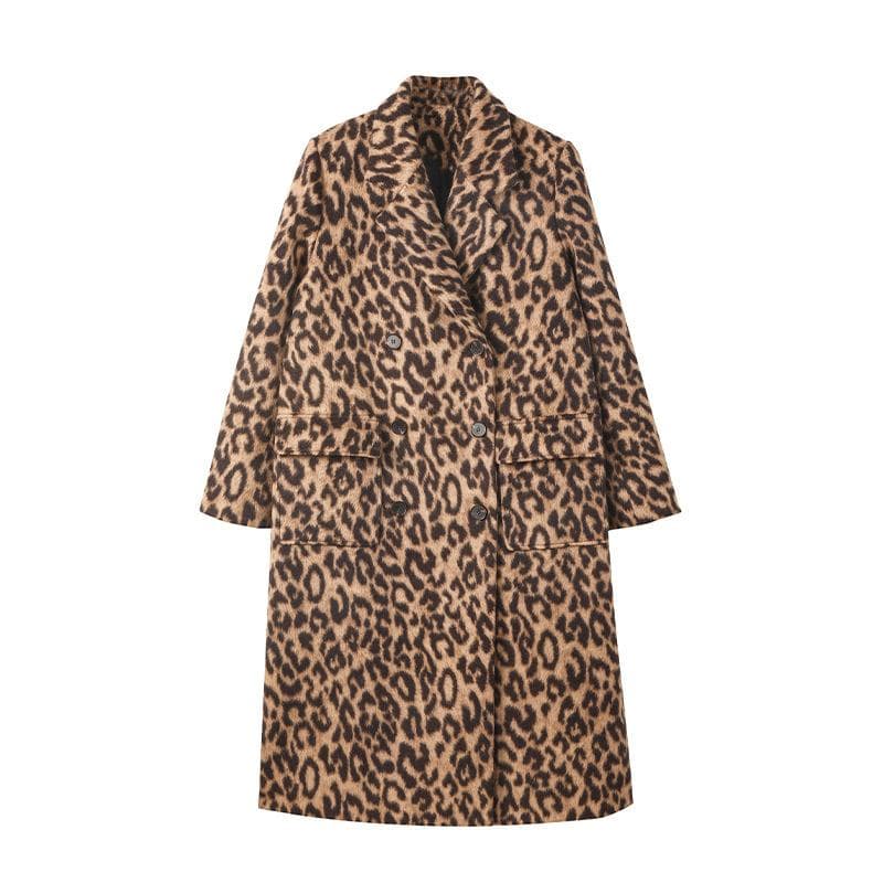 New Women's Winter Leopard Print Woolen Coat Women's Long Woolen Coat L