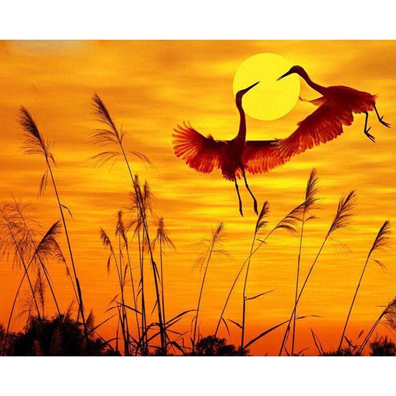 Diamond Painting Cross Stitch Flying Crane and Sunrise Needlework Diamond Embroidery Diamond Decor 20X30CM