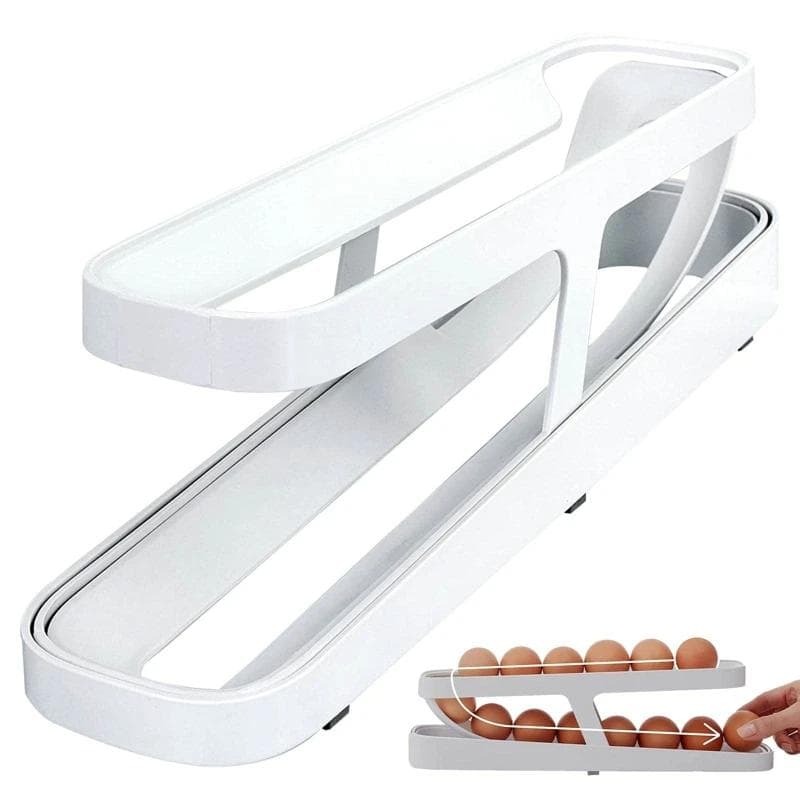 Automatic Scrolling Egg Rack Holder Storage Box Egg Basket Container Organizers Rolldown Refrigerator Eggs Dispenser For Kitchen 2-tier white