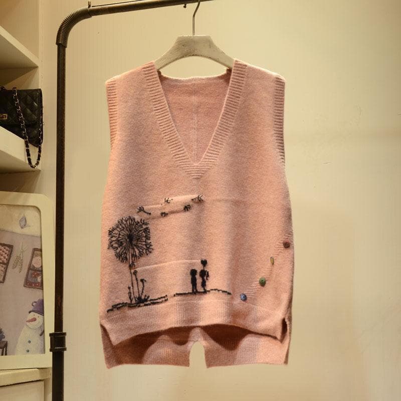 Embroidered V-neck Knitted Sweater Vest Femal Cartoon Pattern Frill Loose Sleeveless Bottoming Pullover Sweater Vest Women 2021 One Size pink
