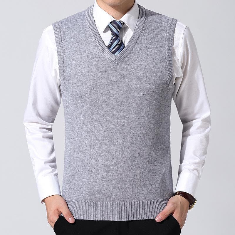 2023 Men's Wool V-Neck Sweater Vest - Solid Color, Autumn & Winter Collection for Business & Casual Wear 180/XXL light gray