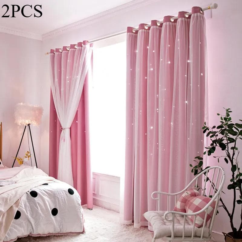 Double Layers Romantic Sheer Kids Children Girls Curtains With Hollow Out Stars For Living Room Bedroom Windows Drapes 100X130cm