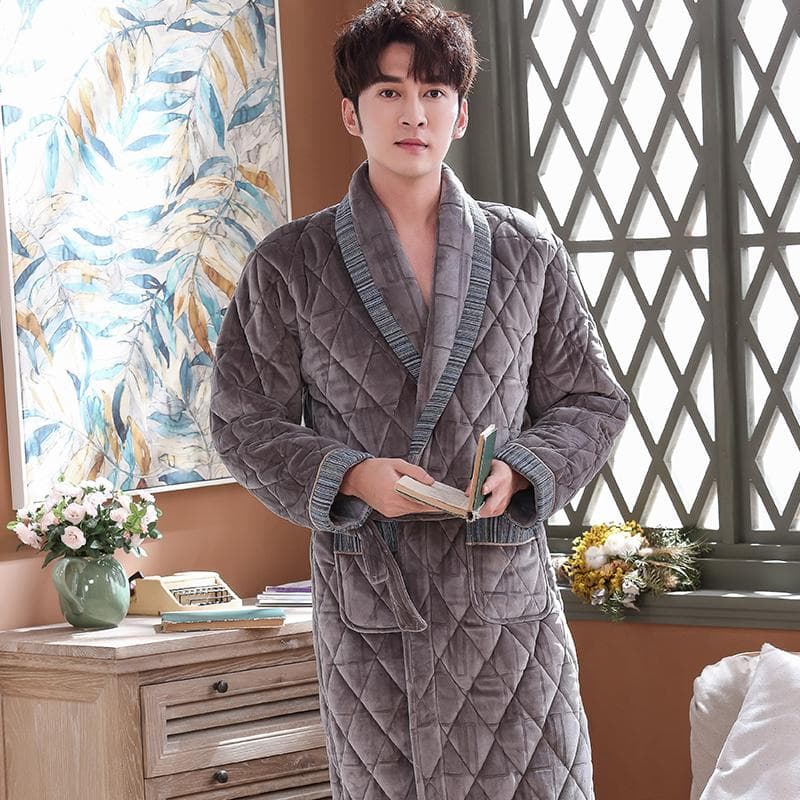 Thick 3 Layers Warm Winter Bathrobe Men Soft Flannel Quilted Long Kimono Bath Robe Male Dressing Gown for Mens Coral Fleece Robe L