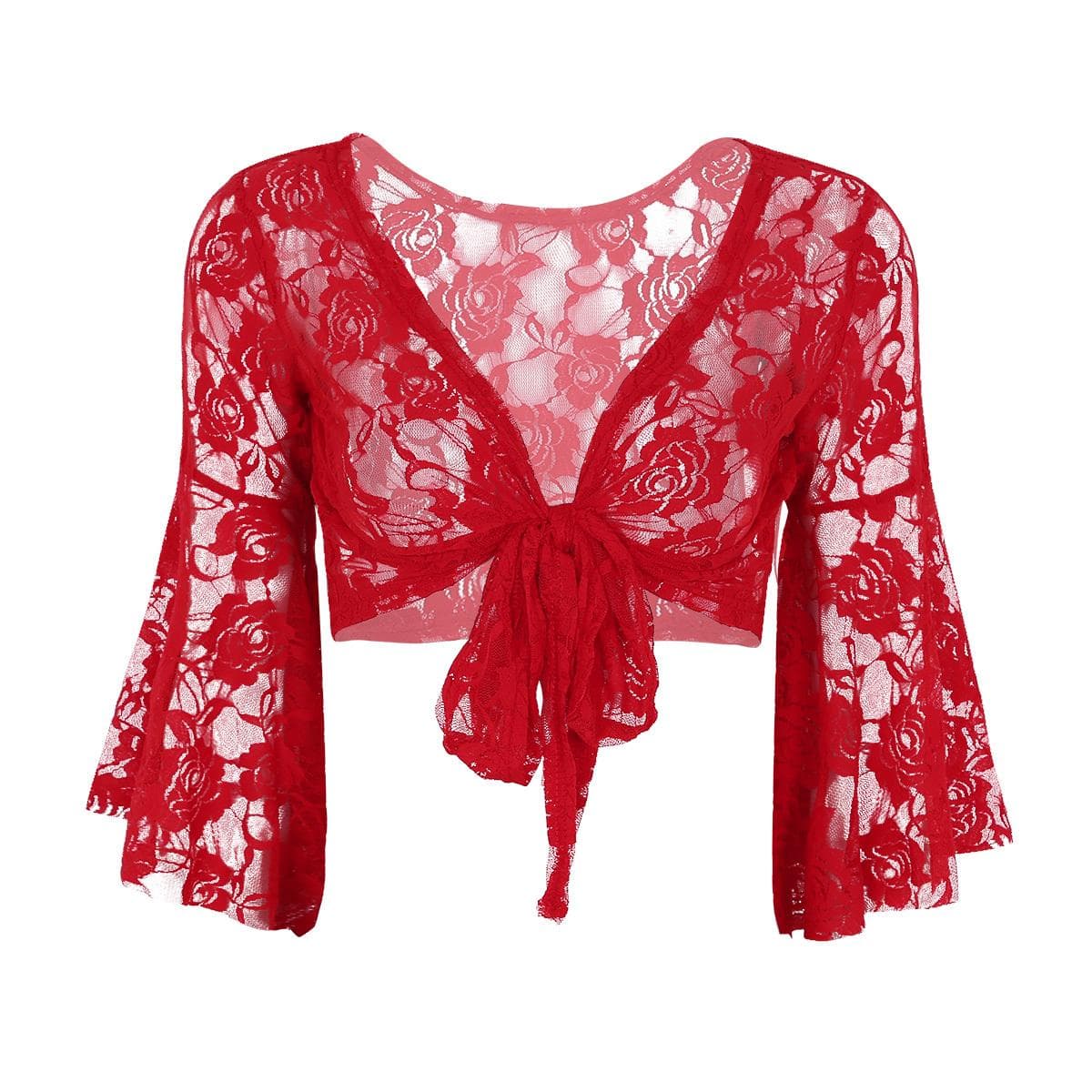 Elegant Women Lace Wedding Party Long Flare Sleeves Shrug Cropped Jacket Shrug For Evening Formal Prom Bolero red