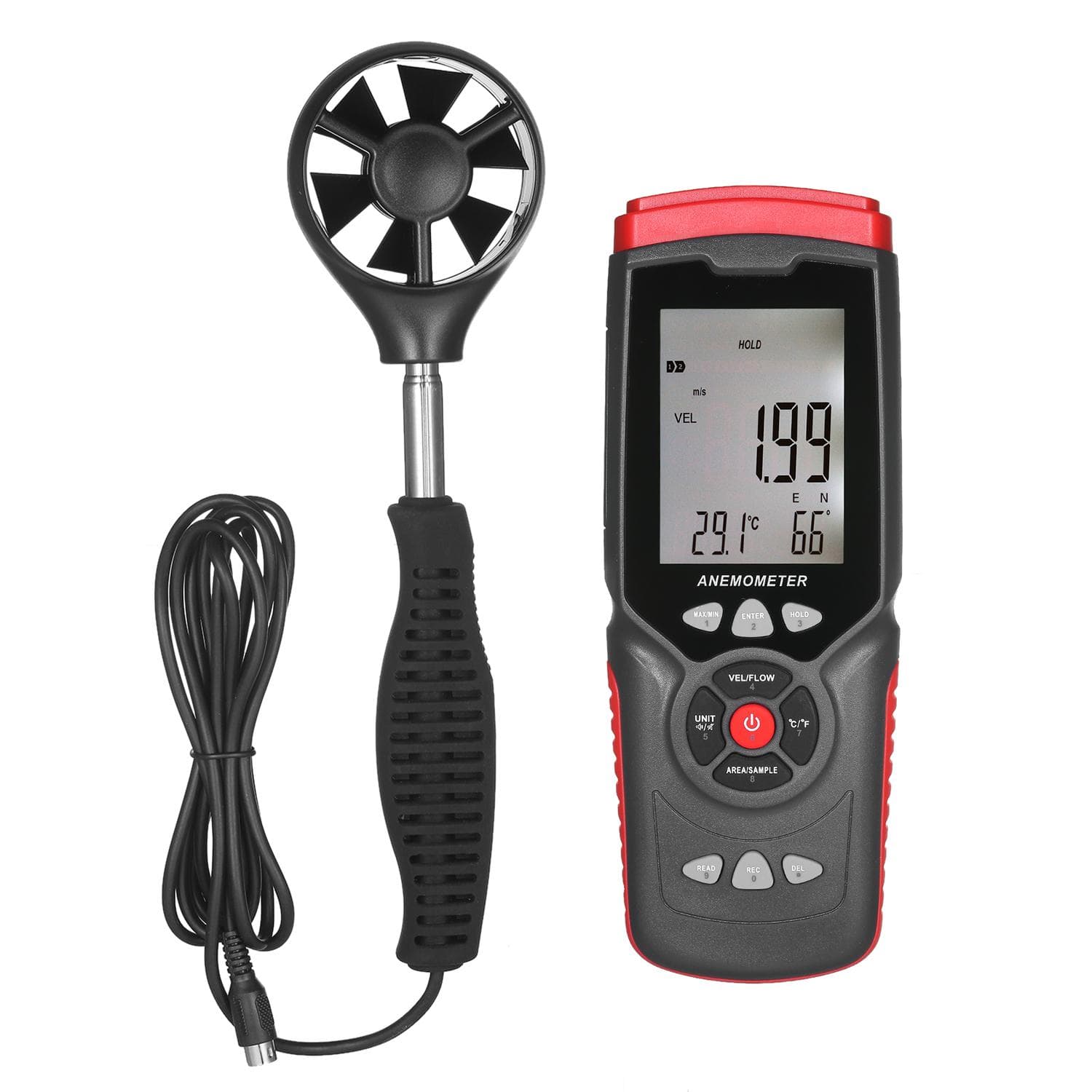 Handheld Digital Anemometer Professional Multifunction Anemograph with Detachable Auxiliary Fan Air Black & Red