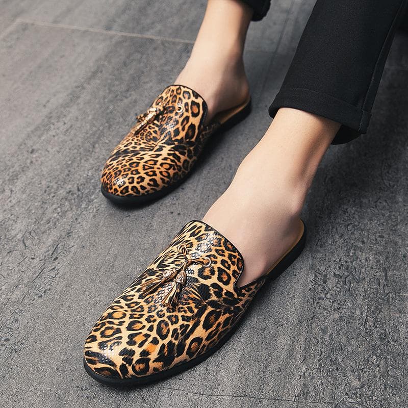 Summer Men Leather Casual Shoes Leopard Print Men's Mules Slippers Breathable Males Sandals Slip-on Half Loafers Zapatos Hombre 44 gold
