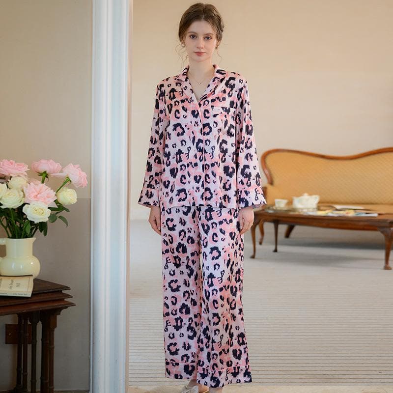 Pajamas Suit Ice Silk Women's Spring Thin Loose High-end Printed Long-sleeved Trousers Suit Outer-Wearing Home Clothes XL
