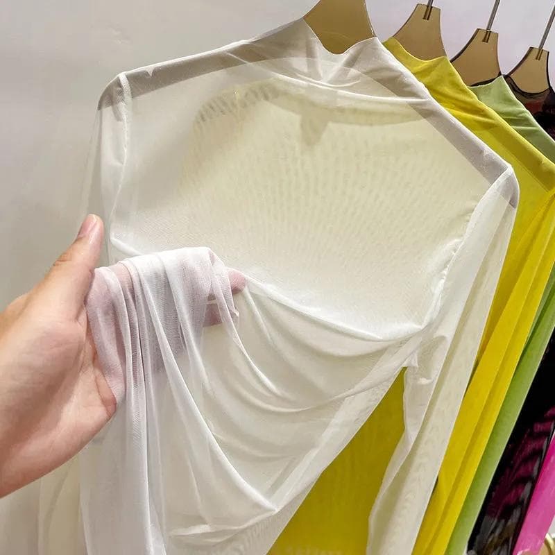 Perspective Transparent Mesh Bottom Shirt Women's Summer Long Sleeve Blouse Solid Gauze Sunscreen Clothing Ultra-thin Half High Collar Top XL white