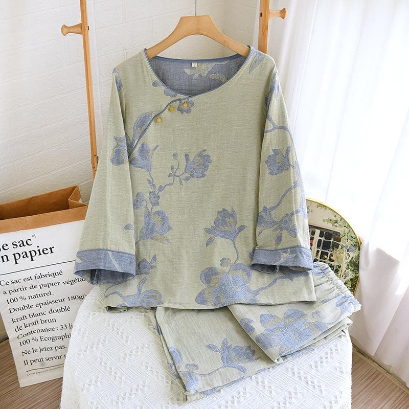 Women's Pearl Button Color Woven Jacquard Sleepwear Clothes for Women's All Seasons Thin Round Neck Pullover Home Pyjama Suit XL