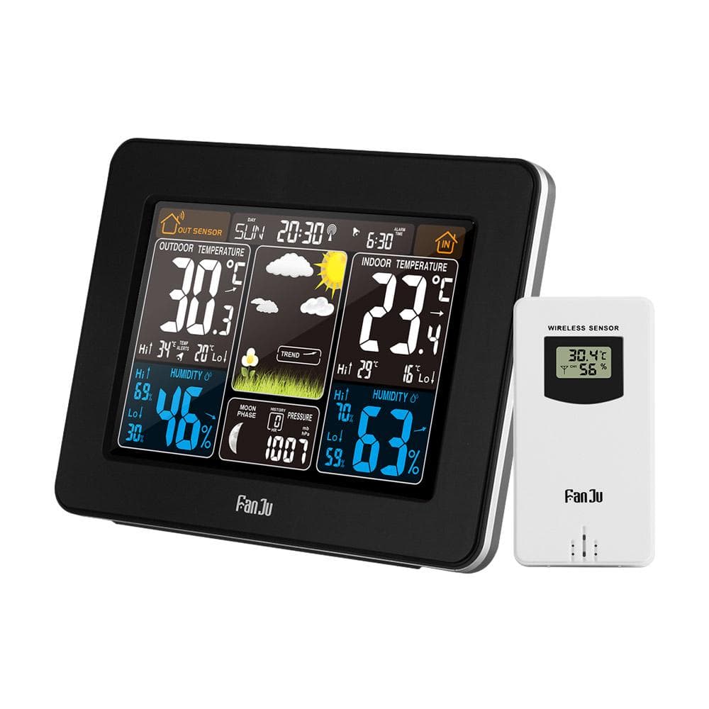 FanJu FJ3365 Color Weather Station Indoor/Outdoor Wireless Temperature Humidity Barometer EU Plug black