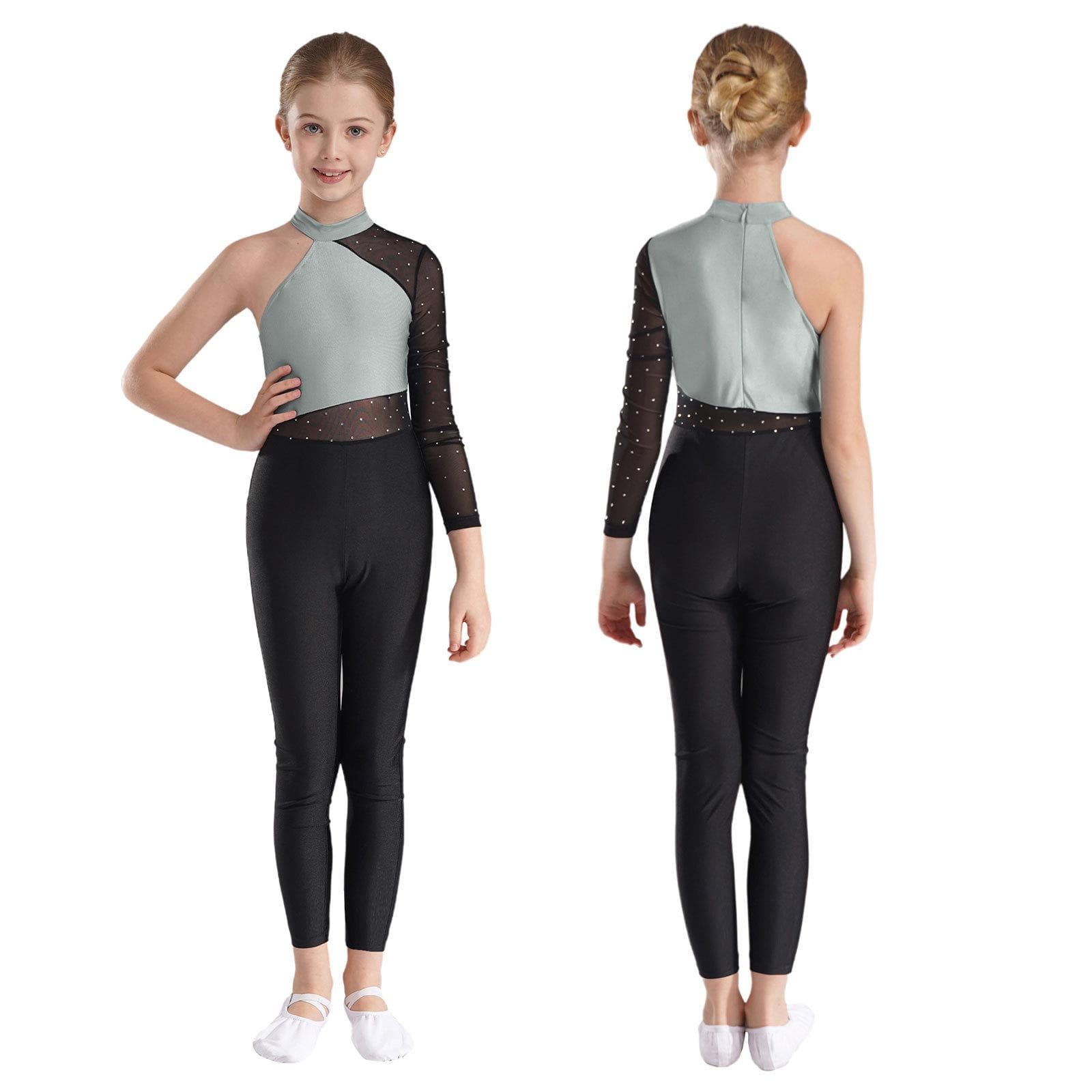 Girls One Mesh Sleeve Full Body Cover Jumpsuits Gymnastics Ballet Modern Dance Uniform Unitard Ice Skating Competition Costume 5-6 Years gray
