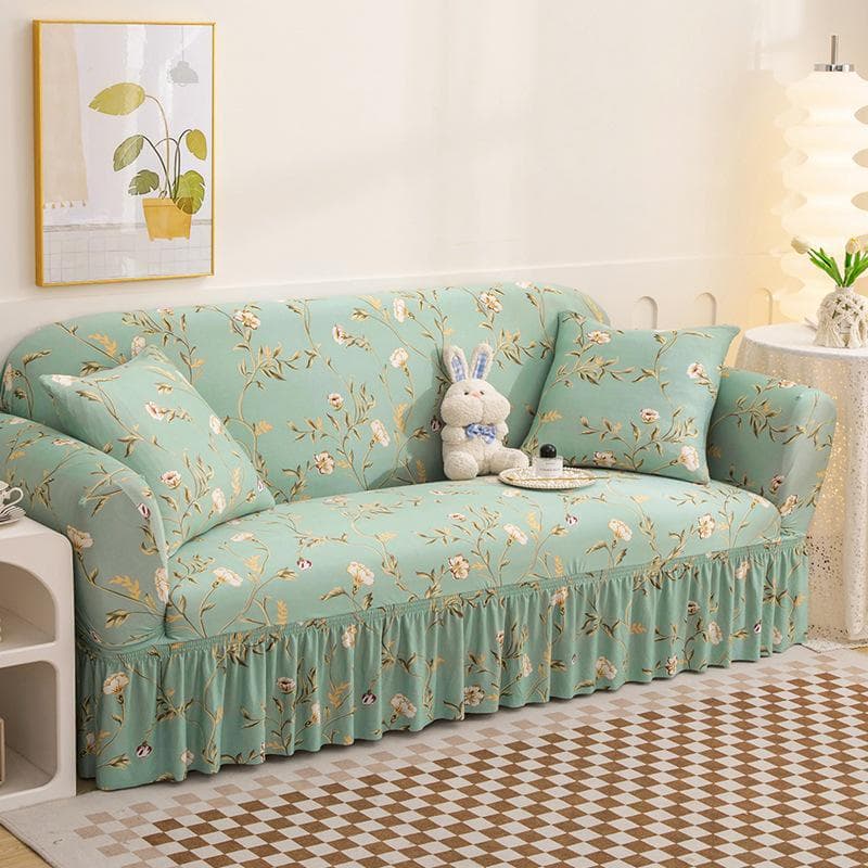 Elastic Milk Silk Lace Sofa Cover with Pastoral Print for All Seasons Skirt Style, Double size M (145-185CM)