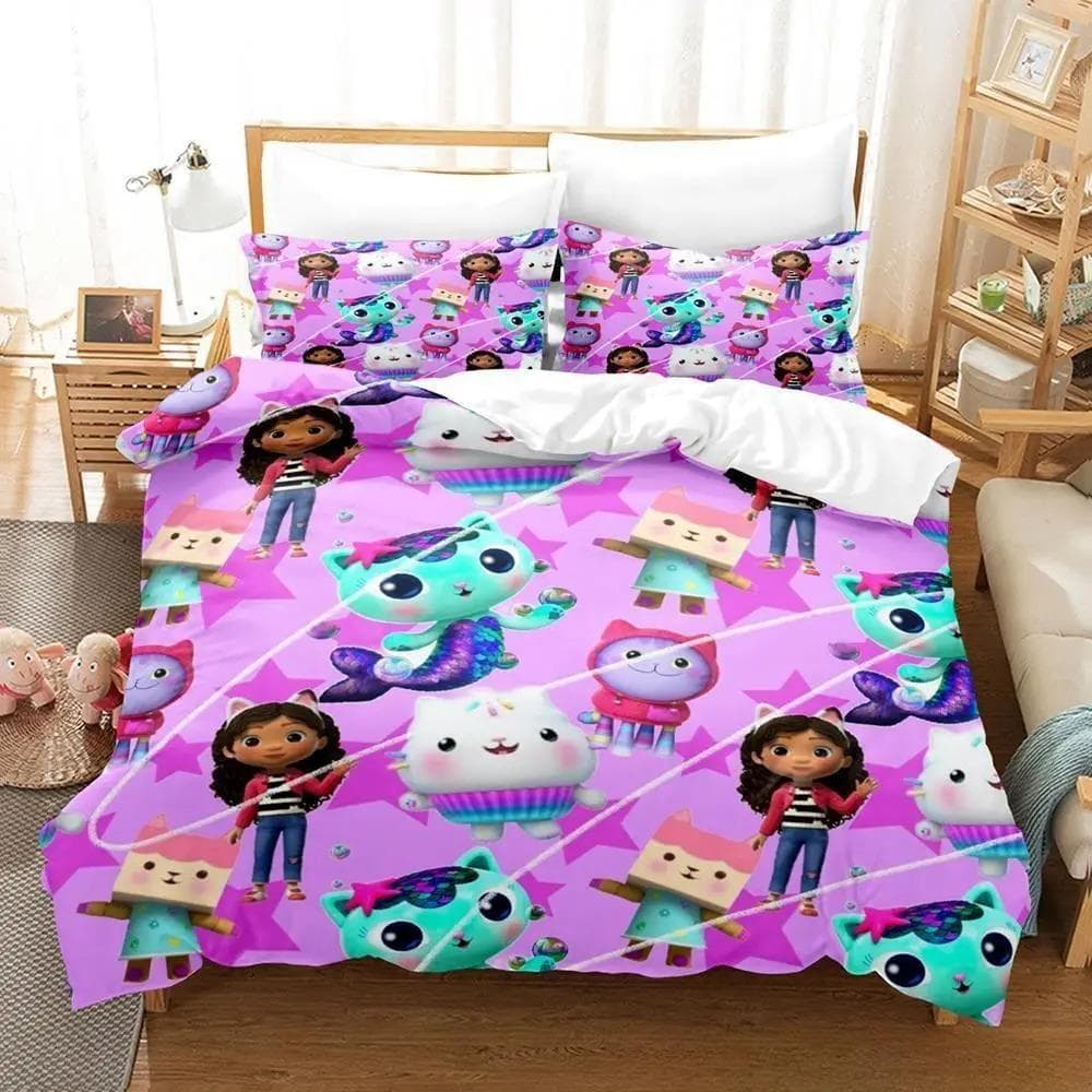 Gabbys Dollhouse Bedding Set Single Twin Full Queen King Size Bed Set Adult Kid Bedroom Duvet cover Sets 3D Anime Bed Sheet Set US King 264x228cm