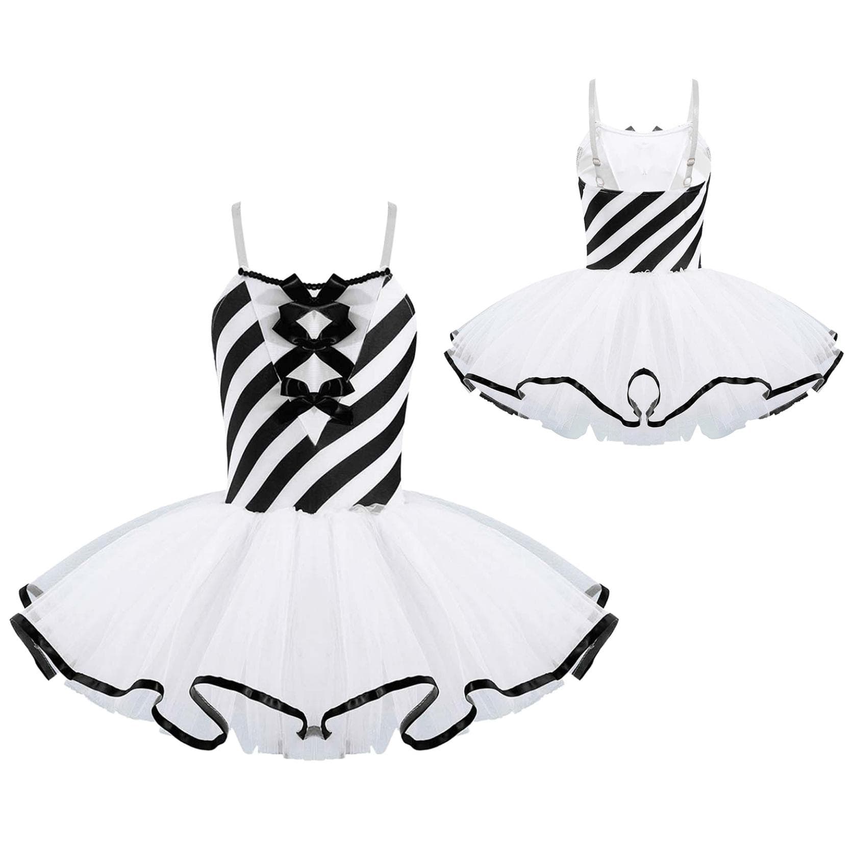 Children Striped Printed Dance Dress Girls Mesh Tutu Skating Dress Performance Dancing Costume 12-14 Years black