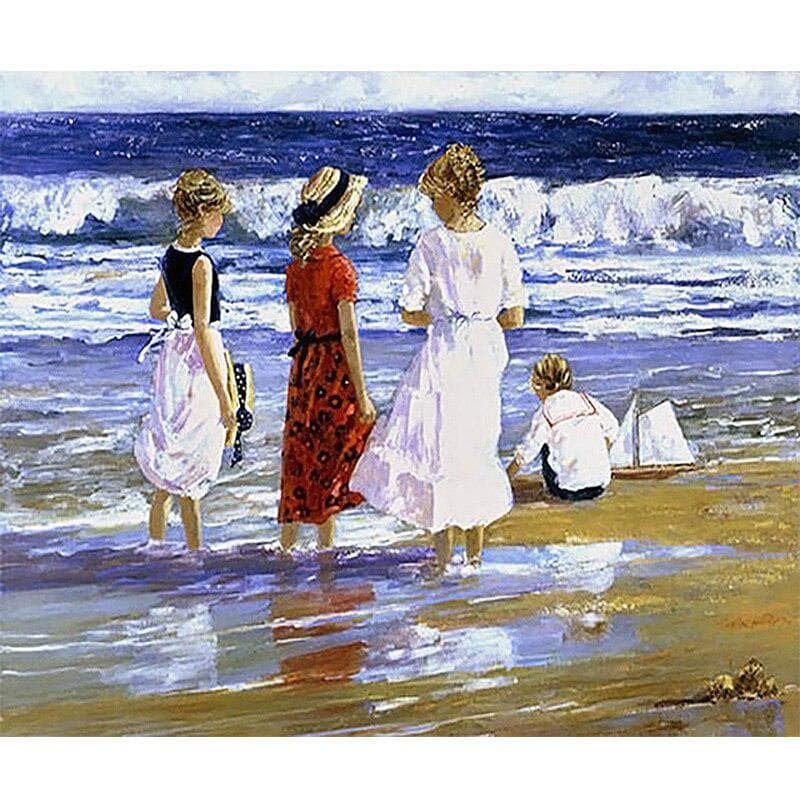 Diamond Painting Cartoon Children on The Beach Cross Stitch Beauty Diamond Embroidery Home Crafts 20X30CM