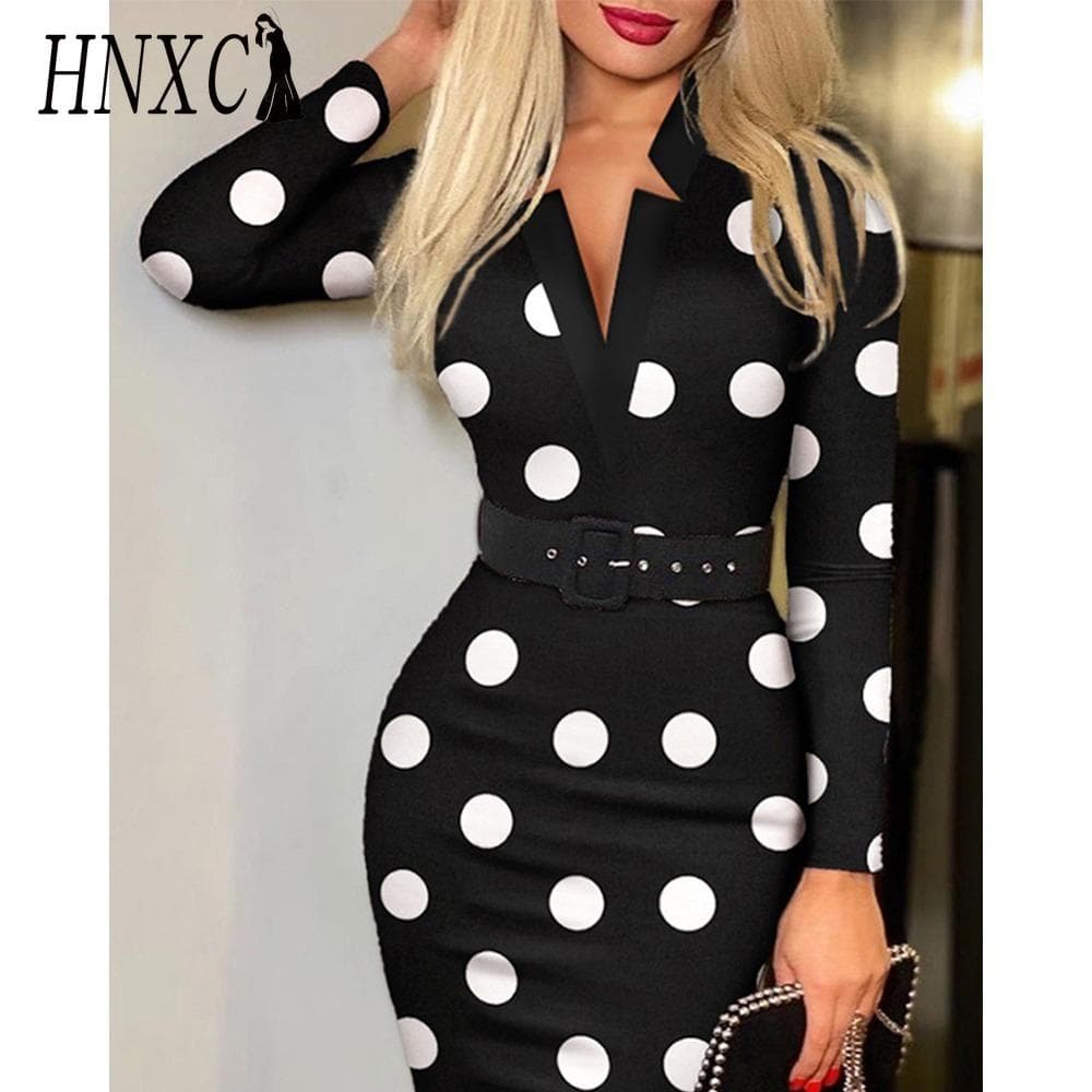 HNXC Women's Fashion Spring Autumn Long Sleeve V-Neck High Waist Casual Dresses L