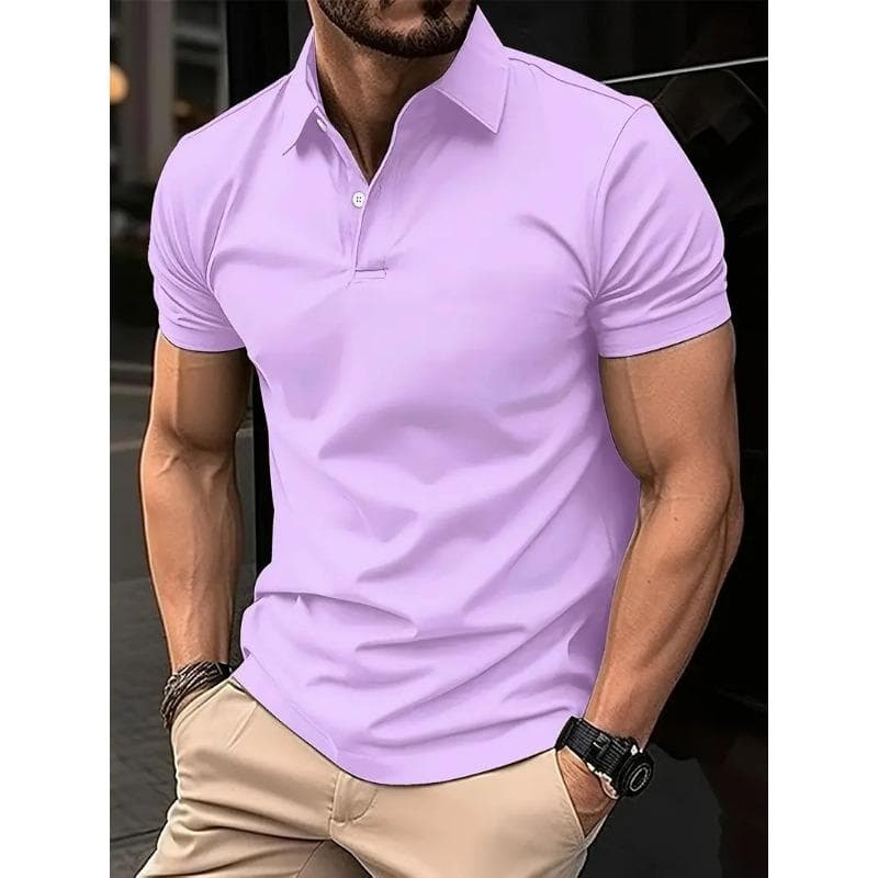 New Men's Casual Solid Color Button Short Sleeve T-shirt POLO Shirt XXL lavender