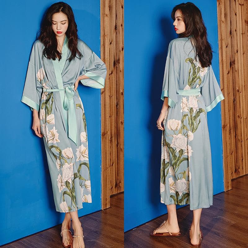 Plus Size Female Long Robe Sleppwear Print Flower Kimono Bathrobe Gown Loungewear Spring Summer Loose Casual Satin Home Dress One size